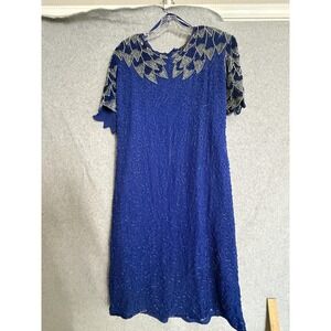 Vtg Sunshine Dress Womens 2XL Blue Beaded Sequin Silk Shift Midi Formal 80s